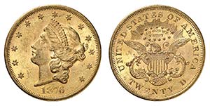 20 Dollars 1876 S, San Francisco. Tête de ... 