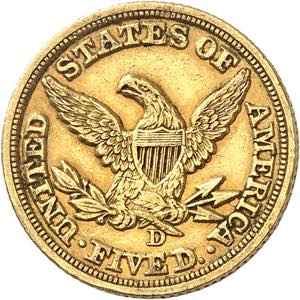 5 Dollars 1849 D, Dahlonega. 8,32g. Fr. 140.