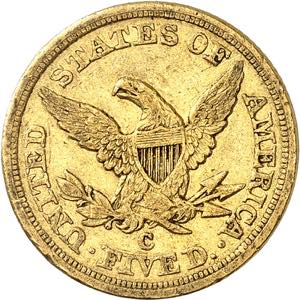 5 Dollars 1853 C, Charlotte. 8,30g. Fr. 139.