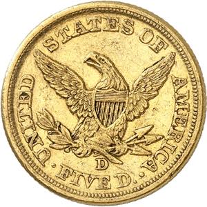 5 Dollars 1853 D, Dahlonega. 8,33g. Fr. 140.