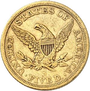 5 Dollars 1865 S, San Francisco. Variété ... 
