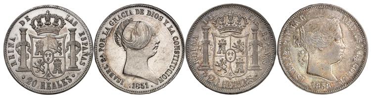 Isabelle II, 1833-1868. Lot de 2 monnaies : ... 