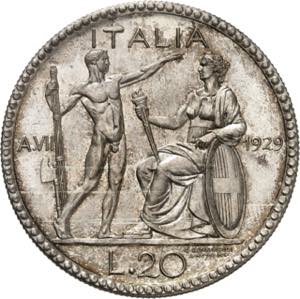 Royaume dItalie, 20 Lire 1929/VII R, Rome. ... 