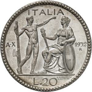 Royaume dItalie, 20 Lire 1932/X R, Rome. ... 