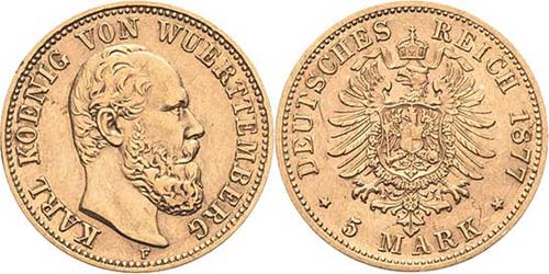 Württemberg Karl 1864-1891 5 Mark ... 