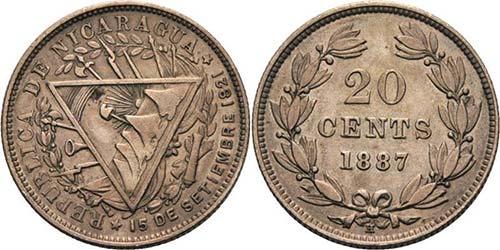 Nicaragua  20 Cents 1887, H-Heaton ... 