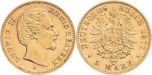 Bayern Ludwig II. 1864-1886 5 Mark ... 