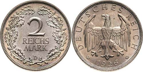 Kleinmünzen  2 Reichsmark 1926 D  ... 