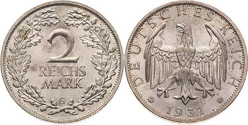 Kleinmünzen  2 Reichsmark 1931 G  ... 