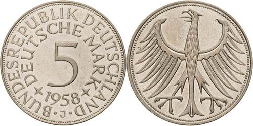 Kursmünzen  5 DM 1958 J  Jaeger ... 