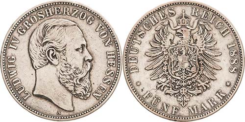 Hessen Ludwig IV. 1877-1892 5 Mark ... 