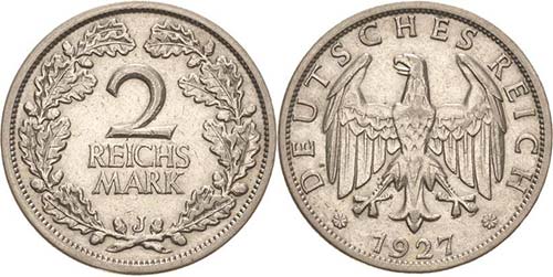Kleinmünzen  2 Reichsmark 1927 J  ... 