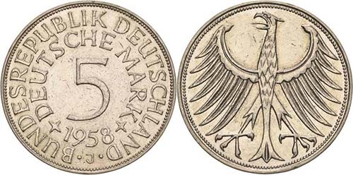 Kursmünzen 5 DM 1958 J  Jaeger ... 