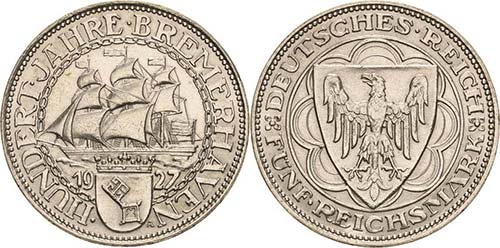 Gedenkausgaben 5 Reichsmark 1927 A ... 
