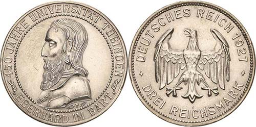 Gedenkausgaben 3 Reichsmark 1927 F ... 