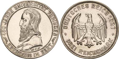 Gedenkausgaben 3 Reichsmark 1927 F ... 