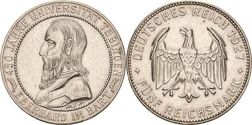 Gedenkausgaben 5 Reichsmark 1927 F ... 