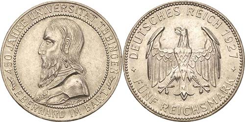 Gedenkausgaben 5 Reichsmark 1927 F ... 