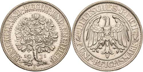 Gedenkausgaben 5 Reichsmark 1931 F ... 