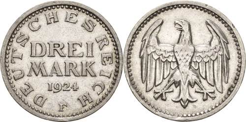 Kleinmünzen  3 Mark 1924 F Mit ... 