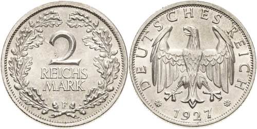 Kleinmünzen  2 Reichsmark 1927 F  ... 