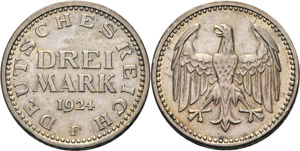 Kleinmünzen  3 Mark 1924 F  ... 