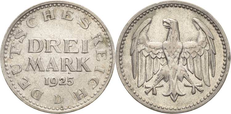 Kleinmünzen  3 Mark 1925 D  ... 