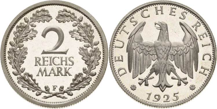 Kleinmünzen  2 Reichsmark 1925 F  ... 