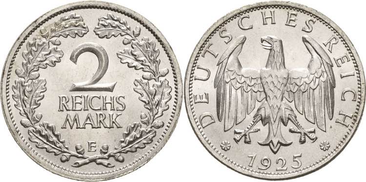 Kleinmünzen  2 Reichsmark 1925 E  ... 