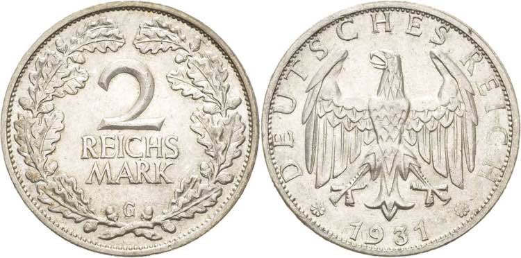Kleinmünzen  2 Reichsmark 1931 G  ... 