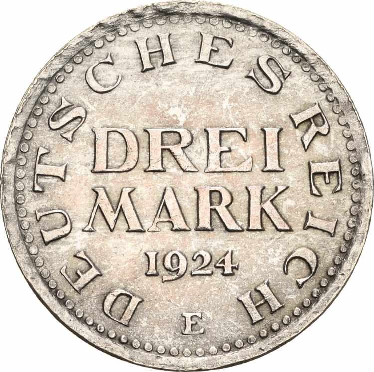  3 Mark 1924 E Kursmünze. Mit ... 
