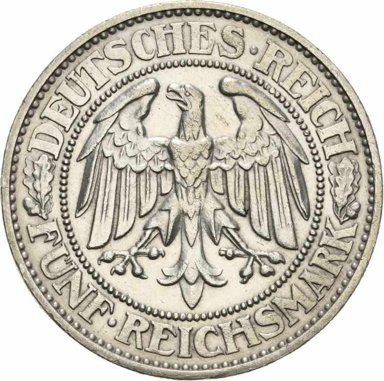  5 Reichsmark 1929 E Eichbaum. Mit ... 