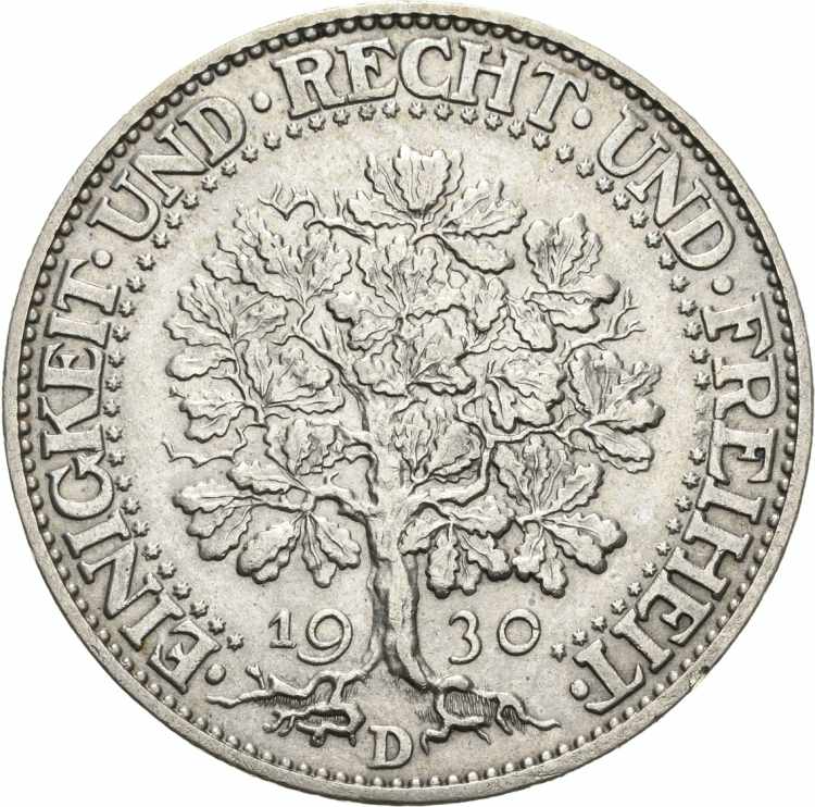  5 Reichsmark 1930 D Eichbaum  ... 