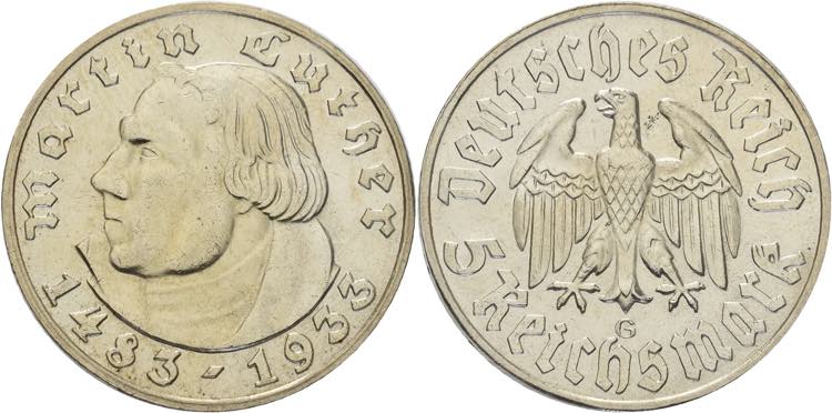 5 Reichsmark 1933 G Luther  Jaeger ... 