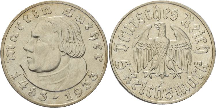 5 Reichsmark 1933 E Luther  Jaeger ... 