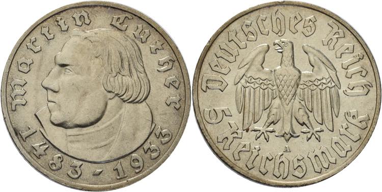 5 Reichsmark 1933 A Luther  Jaeger ... 