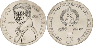 Gedenkmünzen  5 Mark 1986. Kleist ... 