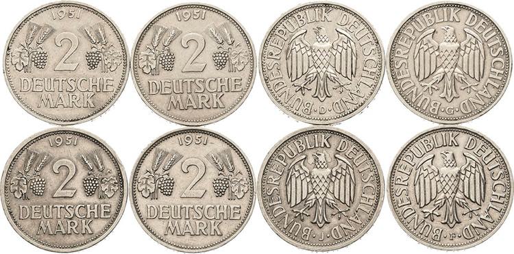 Kursmünzen  2 DM 1951, D,F,G,J  ... 