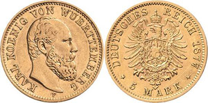 Württemberg Karl 1864-1891 5 Mark ... 