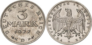 Kleinmünzen  3 Mark 1922.  Jaeger ... 