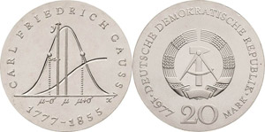 Gedenkmünzen  20 Mark 1977. Gauss ... 