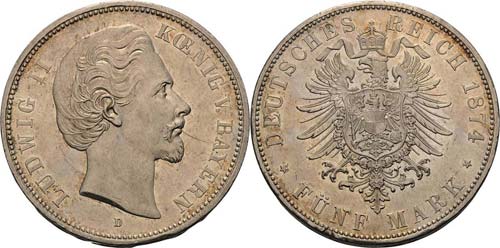 Bayern Ludwig II. 1864-1886 5 Mark ... 