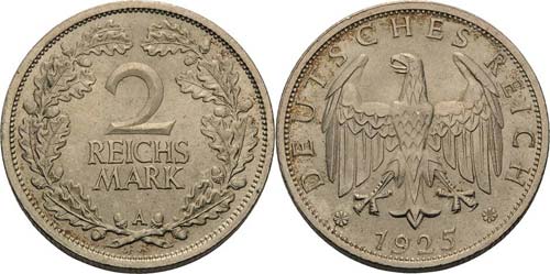 Kleinmünzen  2 Reichsmark 1925 A  ... 