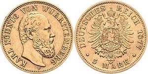 Württemberg Karl 1864-1891 5 Mark 1877 F  ... 