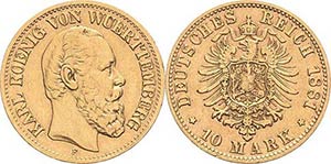 Württemberg Karl 1864-1891 10 Mark 1881 F  ... 