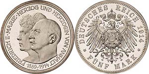 Anhalt Friedrich II. 1904-1918 5 Mark 1914 A ... 