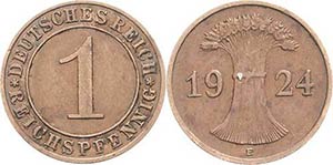 Kursmünzen  1 Reichspfennig 1924 E  Jaeger ... 