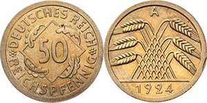 Kleinmünzen  50 Reichspfennig 1924 A Mit ... 
