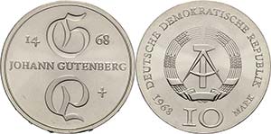 Gedenkmünzen  10 Mark 1968. Gutenberg  ... 