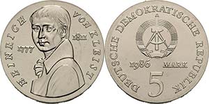 Gedenkmünzen  5 Mark 1986. Kleist  Jaeger ... 